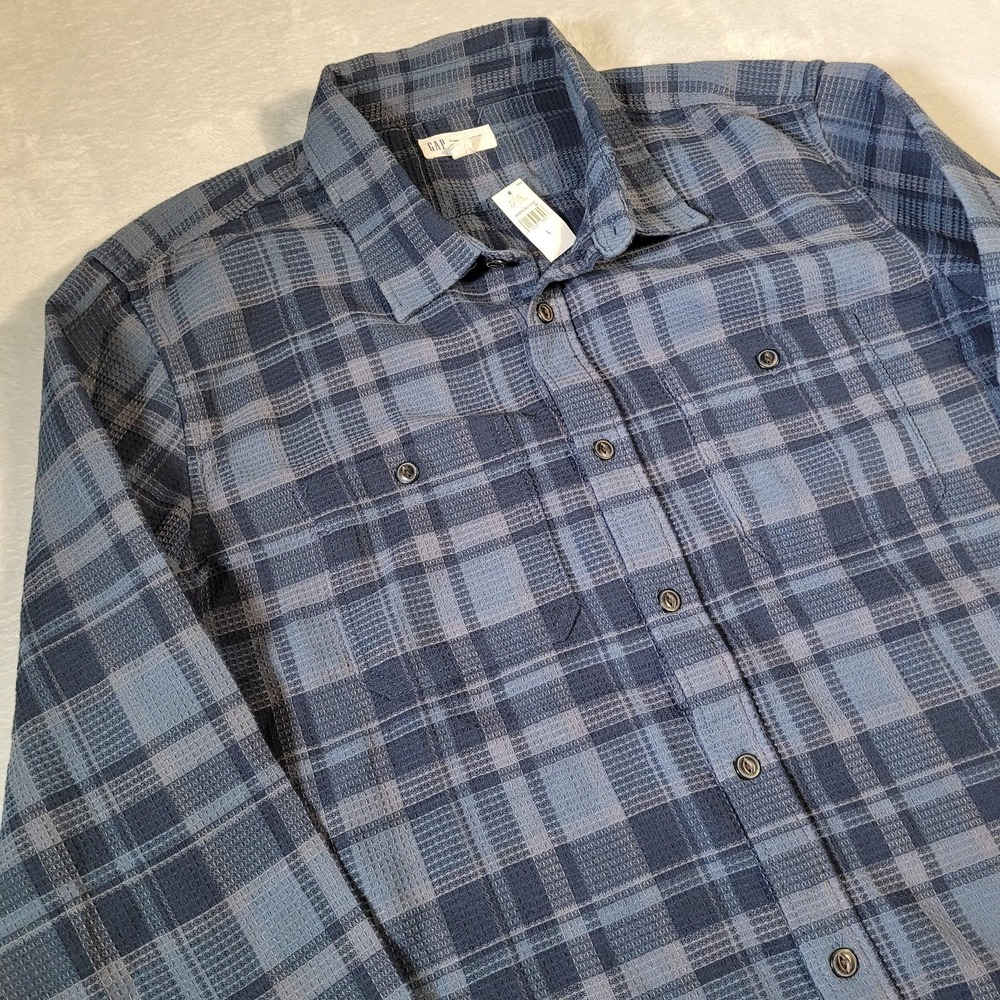 Gap Shirt Mens Large Blue Plaid Waffle Standard Utility Fit Button Up Casual